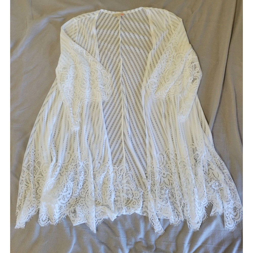 GB Gianni Bini‎ White Sheer Lace Open Front Cardigan Kimono Handkerchief Hem M